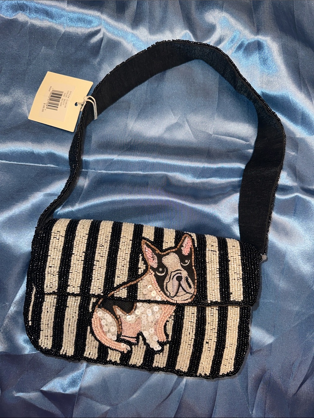 Black & White Striped Beaded Shoulder Bag with French Bulldog Motif